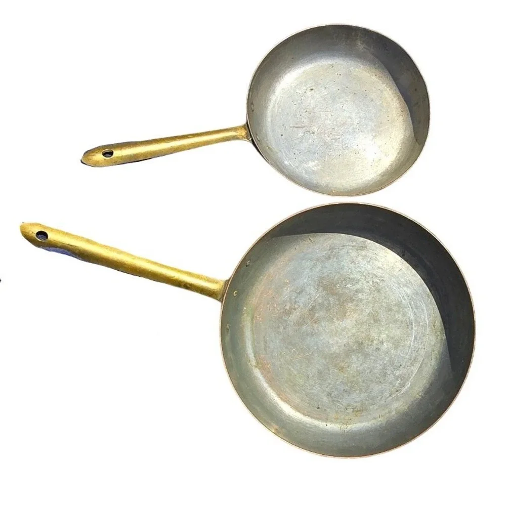 Vintage Made in Portugal Copper Skillet Set 2pc Brass Handles Tin Lined 10in 7in